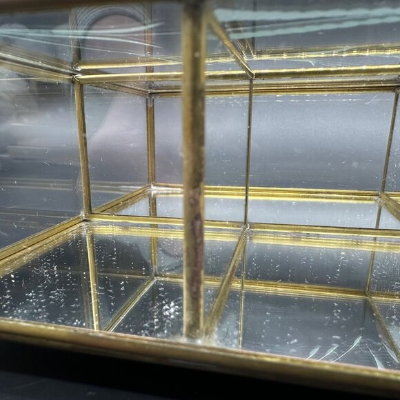 Vintage Glass Mirrored Jewelry Box Brass Etched Floral Mexico Storage Vanity - Picture 8 of 13